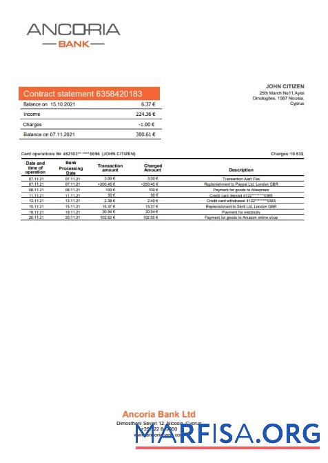 Realistic Cyprus Ancoria bank statement word example